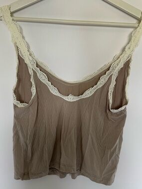 American Eagle Soft & Sexy Lace Trim Ribbed Tank Top Taupe Beige XL